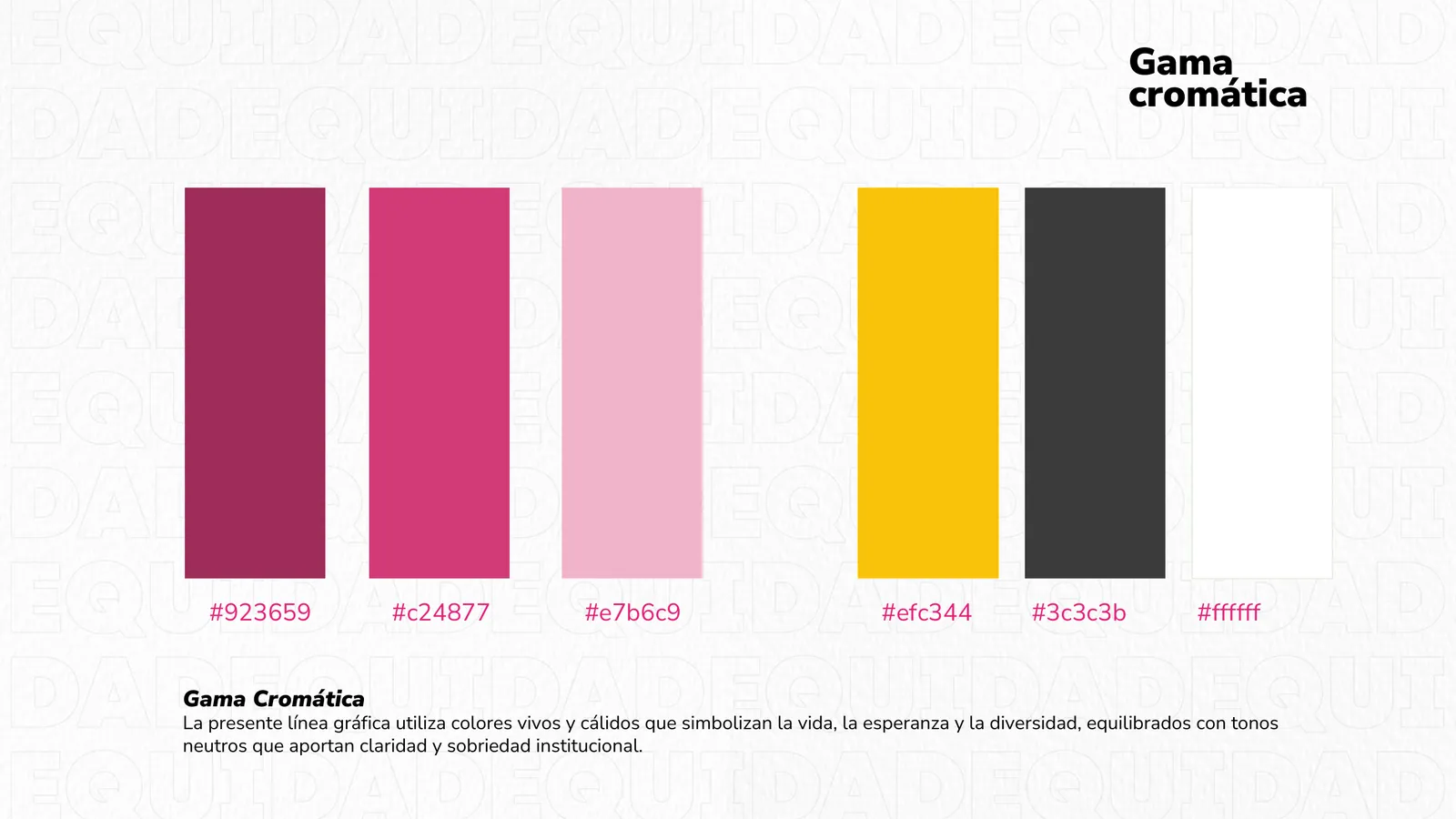 Gama cromática institucional con valores HEX, RGB y CMYK.
