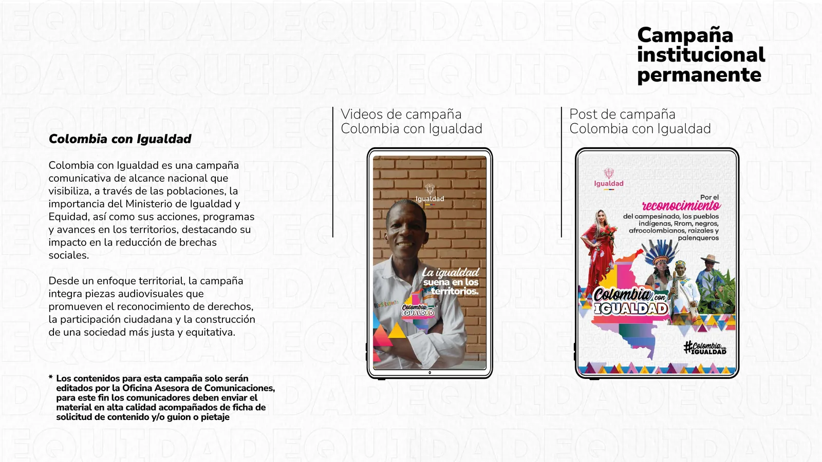 Esquemas y piezas de la campaña institucional permanente.